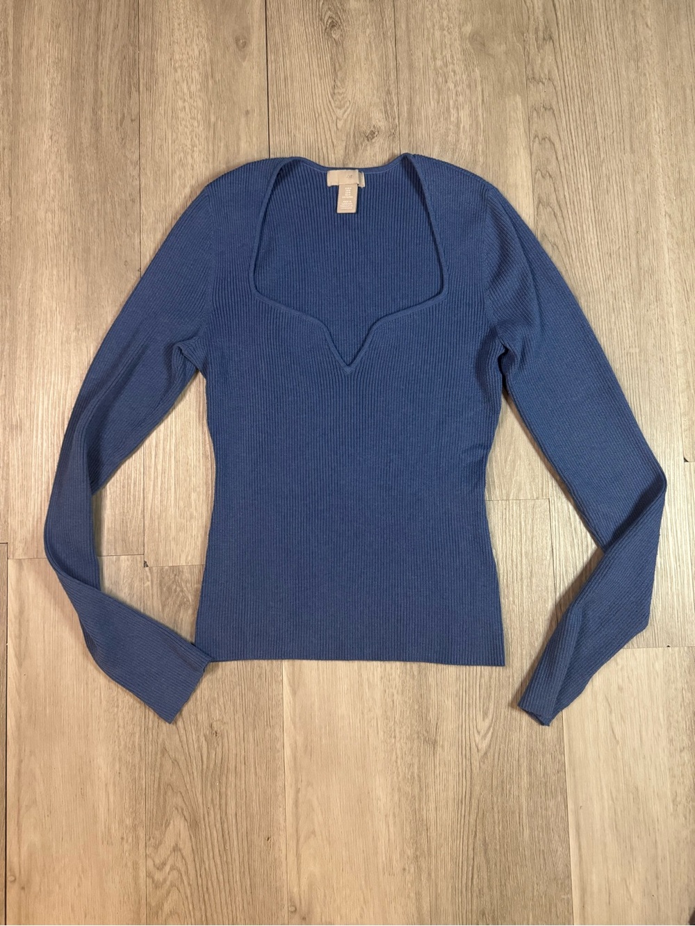 H&M Womens Blue Ribbed Knit Square Neck Long Sleeve Pullover Sweater Size M